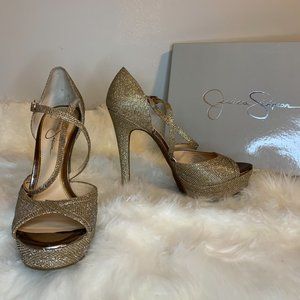 Jessica Simpson gold sparkle platform heels